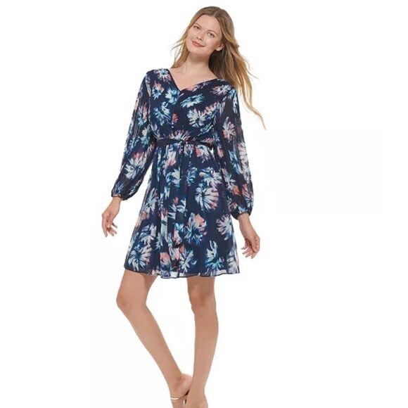 DKNY Pleated Balloon-Sleeve Dress navy pink size 2 - Picture 3 of 13